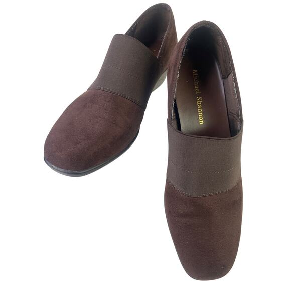 Michael Shannon Brown Suede Wedge Shoe 1.75" Heel Elastic Top Band Comfort S 8 - Picture 2 of 10